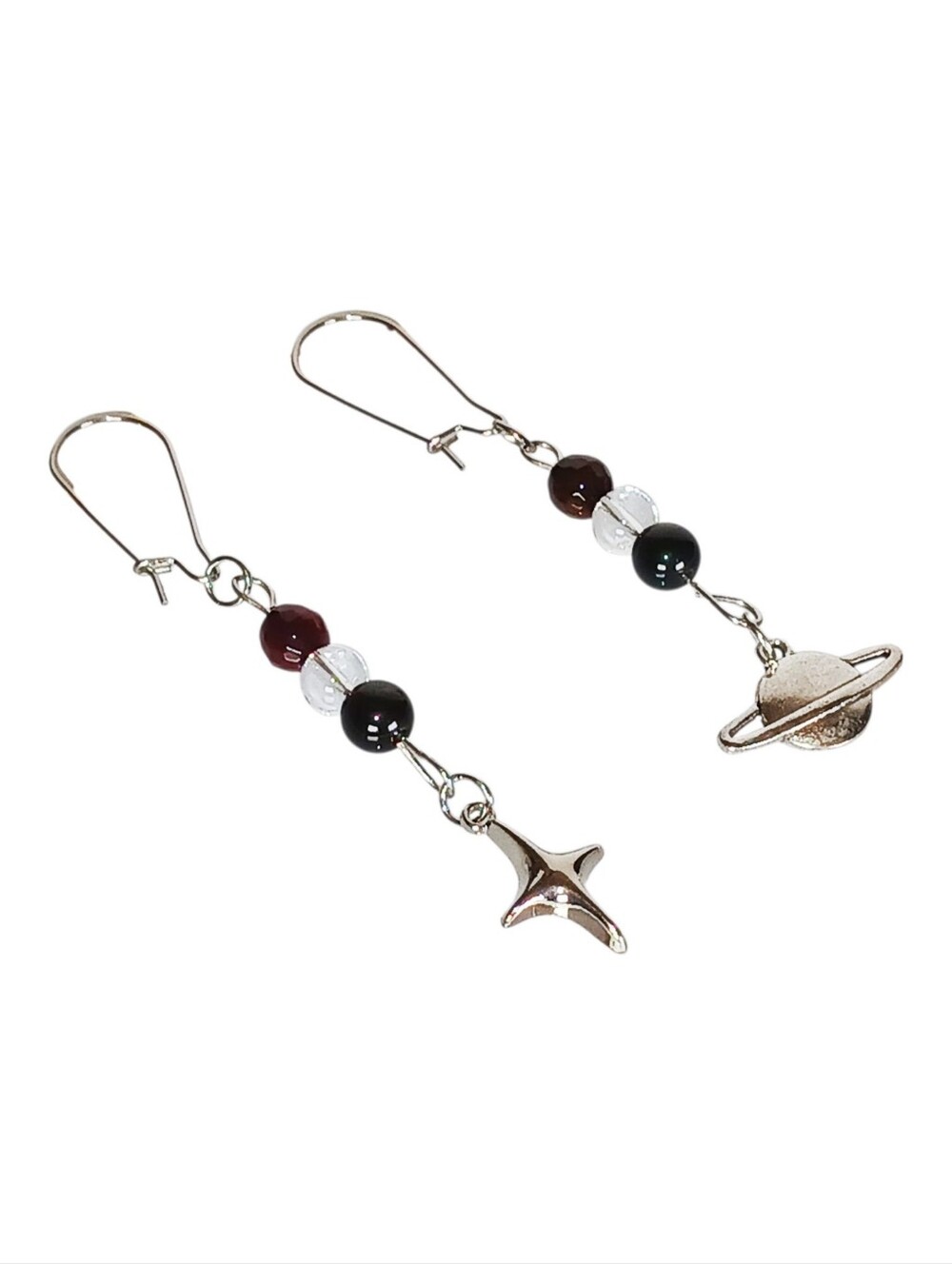 Silver Planet and Star Hypoallergenic Earrings Obsidian Agate Clear Quartz 90s